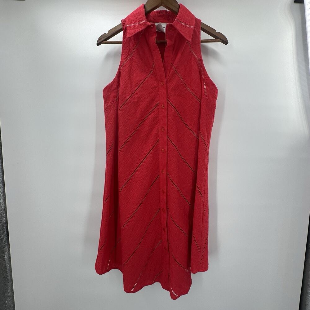 Finley‎ Dress Womens Medium Red Shelly Eyelet Mesh Slip Buttons Casual